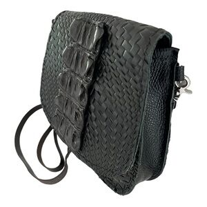 Horn-back Crocodile leather crossbody bag woven suede interior black bag